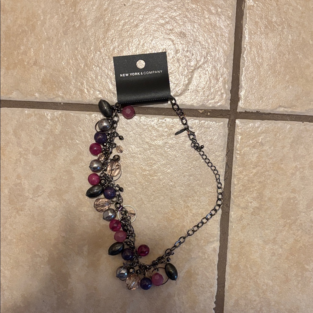 New York Company Gunmetal Chain Necklace With Purple Pink Beads 8$